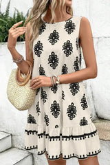 Beige Geometric Printed Sleeveless Hollowed Bowknot Back Mini Dress - Femstylo