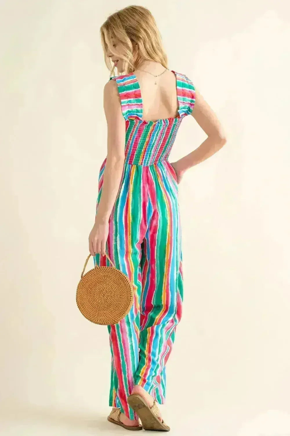 And The Why Full Size Striped Smocked Sleeveless Jumpsuit - Femstylo