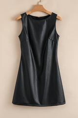 Black Faux Leather Sleeveless Round Neck Mini Dress