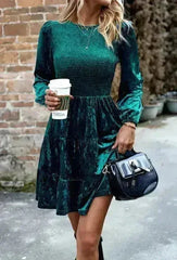 Long sleeve smocked velvet dress - Femstylo