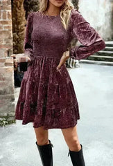 Long sleeve smocked velvet dress - Femstylo