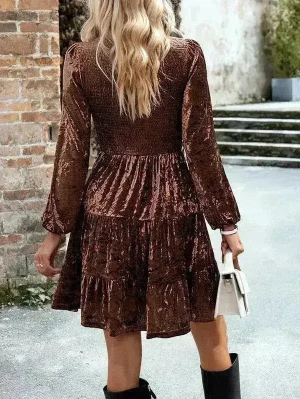 Long sleeve smocked velvet dress - Femstylo