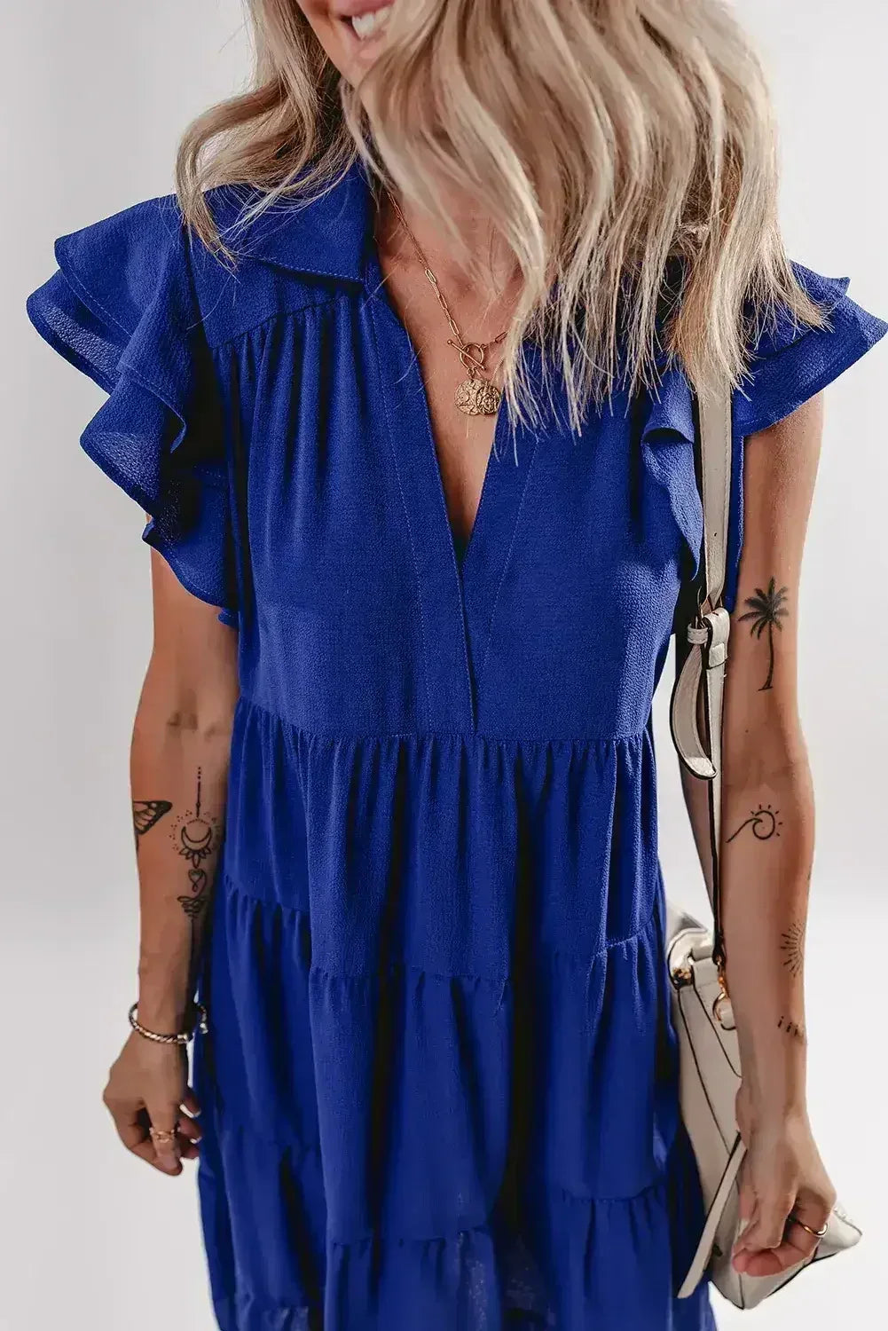 Bluing Ruffled Short Sleeve Collared V Neck Tiered Midi Dress - Femstylo