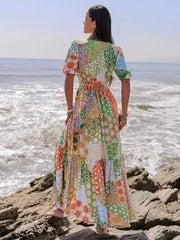 Printed Smocked Waist Short Sleeve Maxi Dress - Femstylo