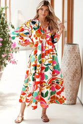 Orange Abstract Tie V Neck Tiered Maxi Dress - Femstylo