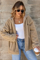 Pale Khaki Fleece Zip Up Drawstring Hooded Pocketed Jacket - Femstylo