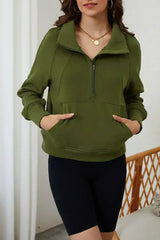 Moss Green Quarter Zip Stand Neck Kangaroo Pocket Sweatshirt - Femstylo