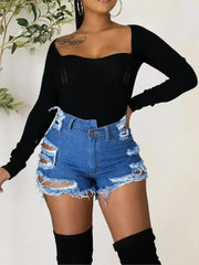 Distressed Raw Hem Denim Shorts with Pockets - Femstylo