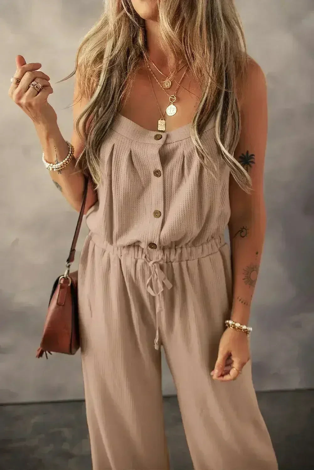Moss Green Knotted Straps Button Textured Drawstring Jumpsuit - Femstylo