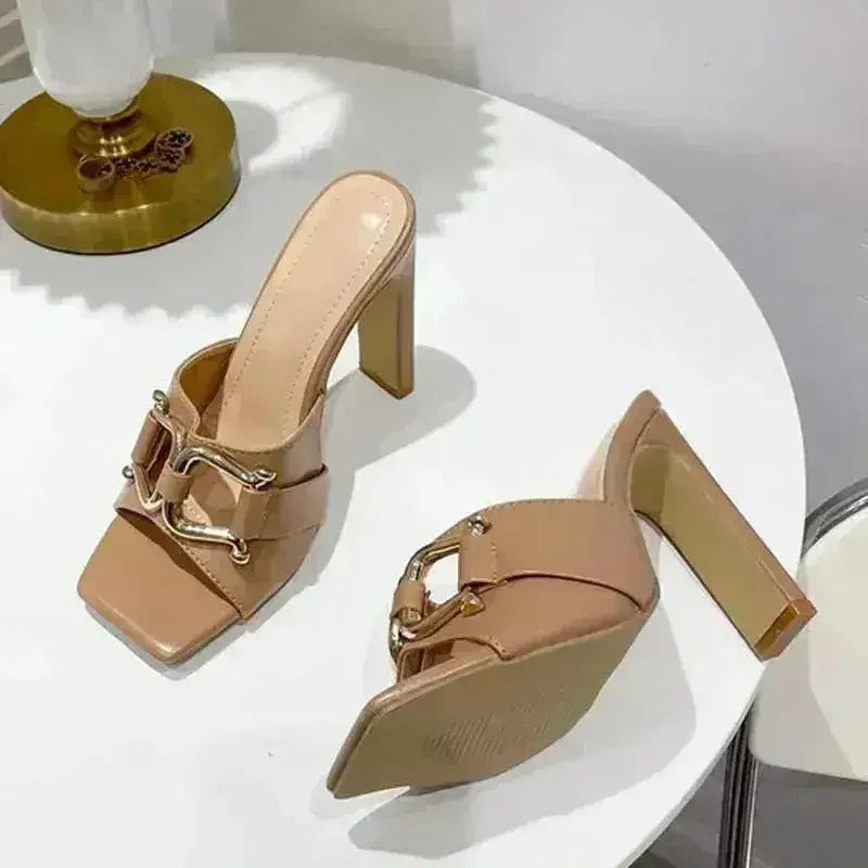 Summer New High-Heeled Women's Shoes Square Head Square Flat With Meta - Femstylo