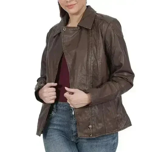 Kiara Zipper Brown Leather Jacket - Femstylo