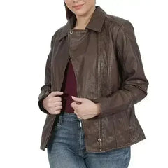 Kiara Zipper Brown Leather Jacket - Femstylo