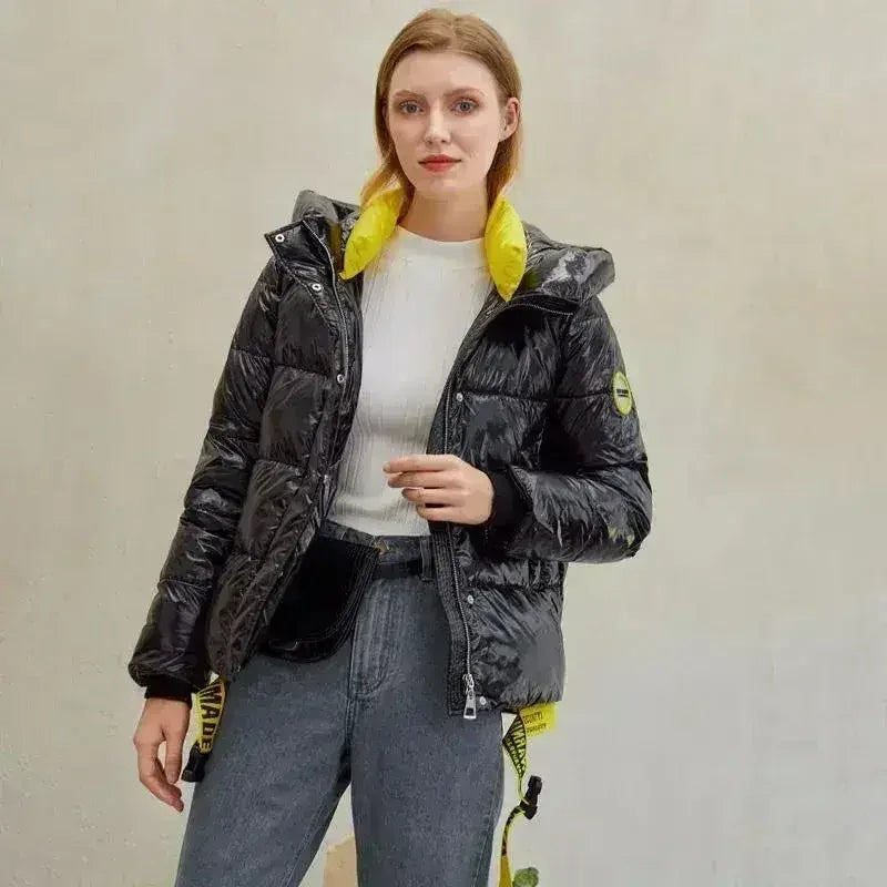 Short women winter coat parkas warm hooded shiny jacket coat Ladies - Femstylo