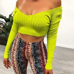 Cotton black short crop top Women autumn v neck off shoulder - Femstylo