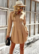 Khaki Solid Shirt Dress - Versatile Commute Wear | Femstylo - Femstylo