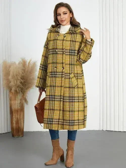 Plaid Double-Breasted Long Sleeve Longline Coat - Femstylo