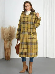 Plaid Double-Breasted Long Sleeve Longline Coat - Femstylo