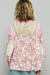 POL Washed Floral Print Crochet Detail Top - Femstylo