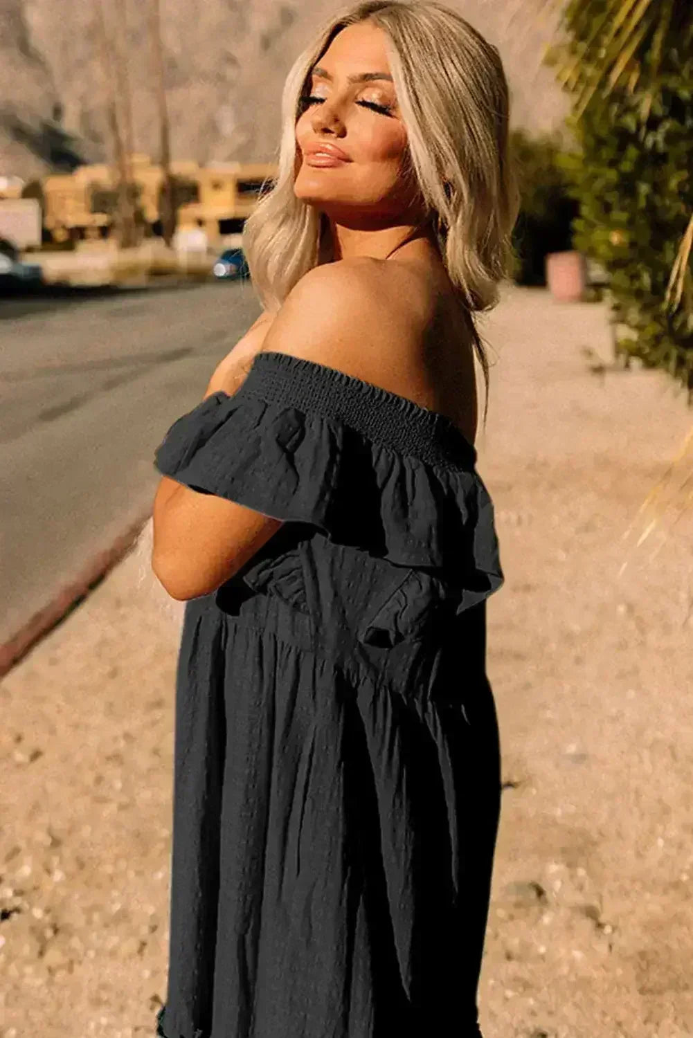 Purple Ruffled Flutter Sleeve Square Neck Textured Tiered Maxi Dress - Femstylo