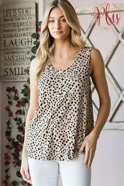 Heimish Full Size Front Button Animal Print Sleeveless Top Plus Size - Femstylo