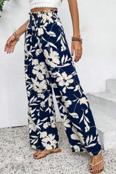 Blue Floral Smocked Frill Waist Wide Leg Pants