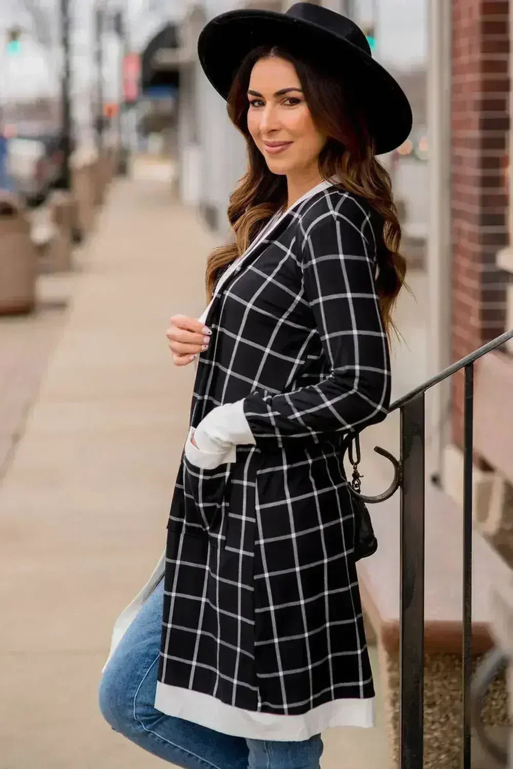 Black Plaid Colorblock Edge Open Cardigan with Pocket - Femstylo