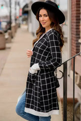 Black Plaid Colorblock Edge Open Cardigan with Pocket - Femstylo