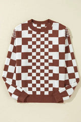 Brown Checkered Print Drop Shoulder Round Neck Sweater - Femstylo