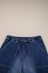 Prussian Blue Drawstring Seam Detail Raw Hem Wide Leg Jeans
