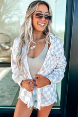 Khaki Checkerboard Shacket | Button Front Flap Pocket Jacket -Femstylo