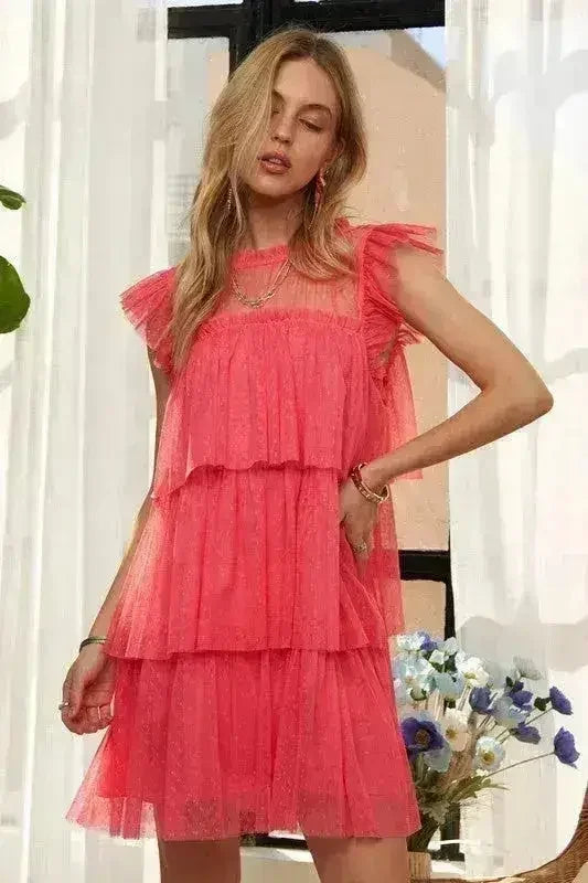 ADORA Layered Ruffled Cap Sleeve Mesh Dress - Femstylo