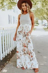 White Boho Stripes & Floral Print Floor Length Tank Dress - Femstylo