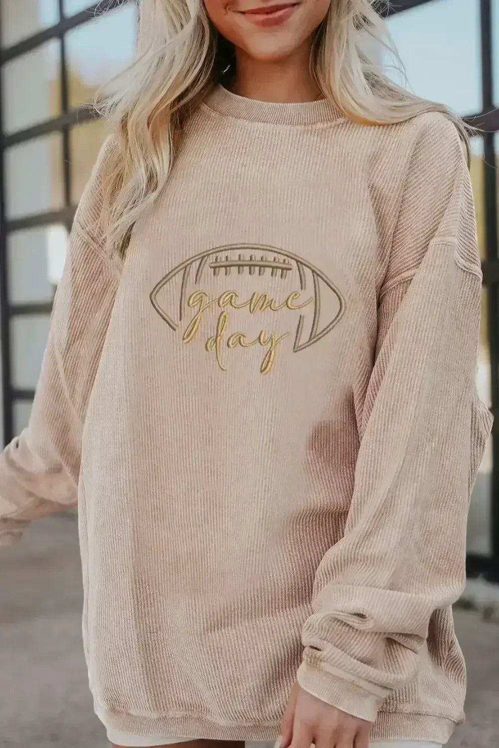 Apricot Football Graphic Drop Shoulder Game Day Corded Sweatshirt - Femstylo