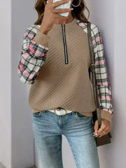 Perfee Plaid Half Zip Long Sleeve Texture Sweatshirt - Femstylo