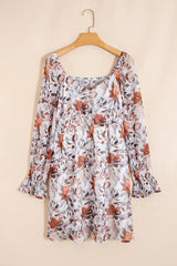 White Floral Print Sweetheart Neck High Waist Mini Dress