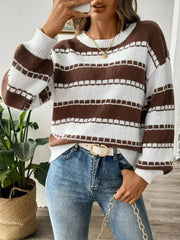 Striped Round Neck Long Sleeve Sweater - Femstylo