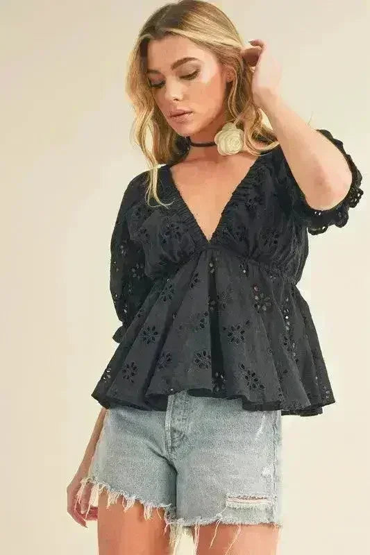 Aemi + Co Eyelet Embroidered V-Neck Half Sleeve Peplum Blouse - Femstylo