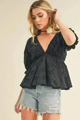 Aemi + Co Eyelet Embroidered V-Neck Half Sleeve Peplum Blouse - Femstylo