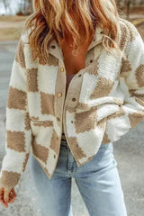 Brown Checked Snap Button Sherpa Jacket - Femstylo