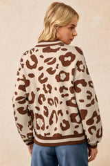 Light French Beige Leopard Printed Knit V Neck Sweater