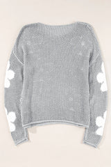 60s Flower Drop Shoulder Hollow Knit Top Light Grey -Femstylo