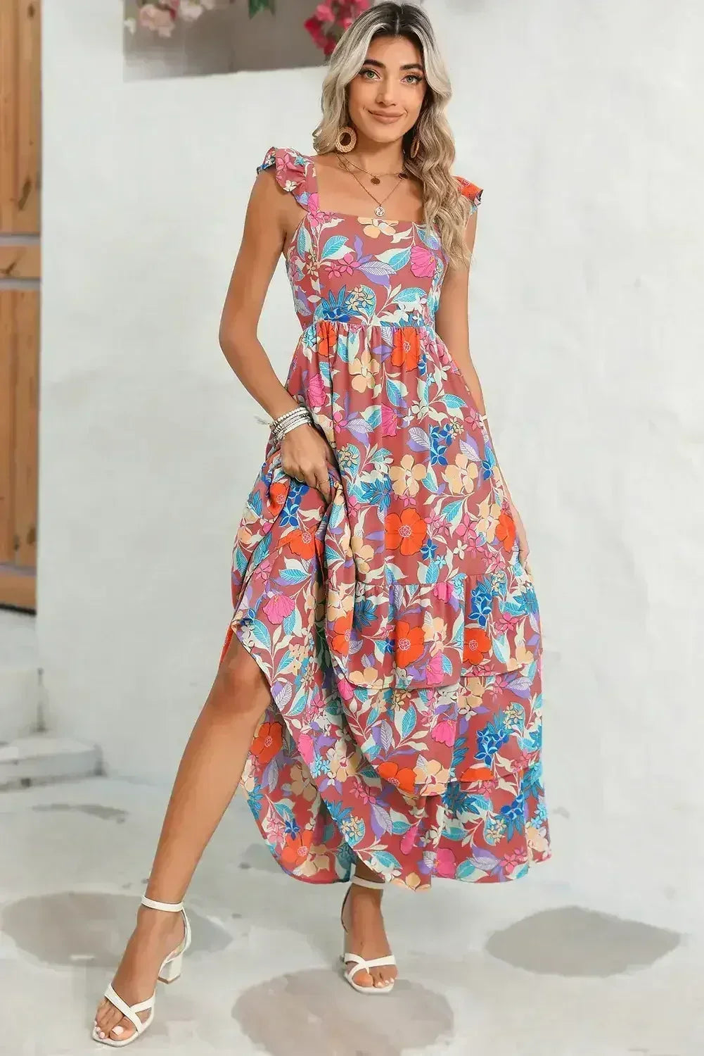 Green Boho Floral Print Ruffle Sleeveless Tiered Maxi Dress - Femstylo
