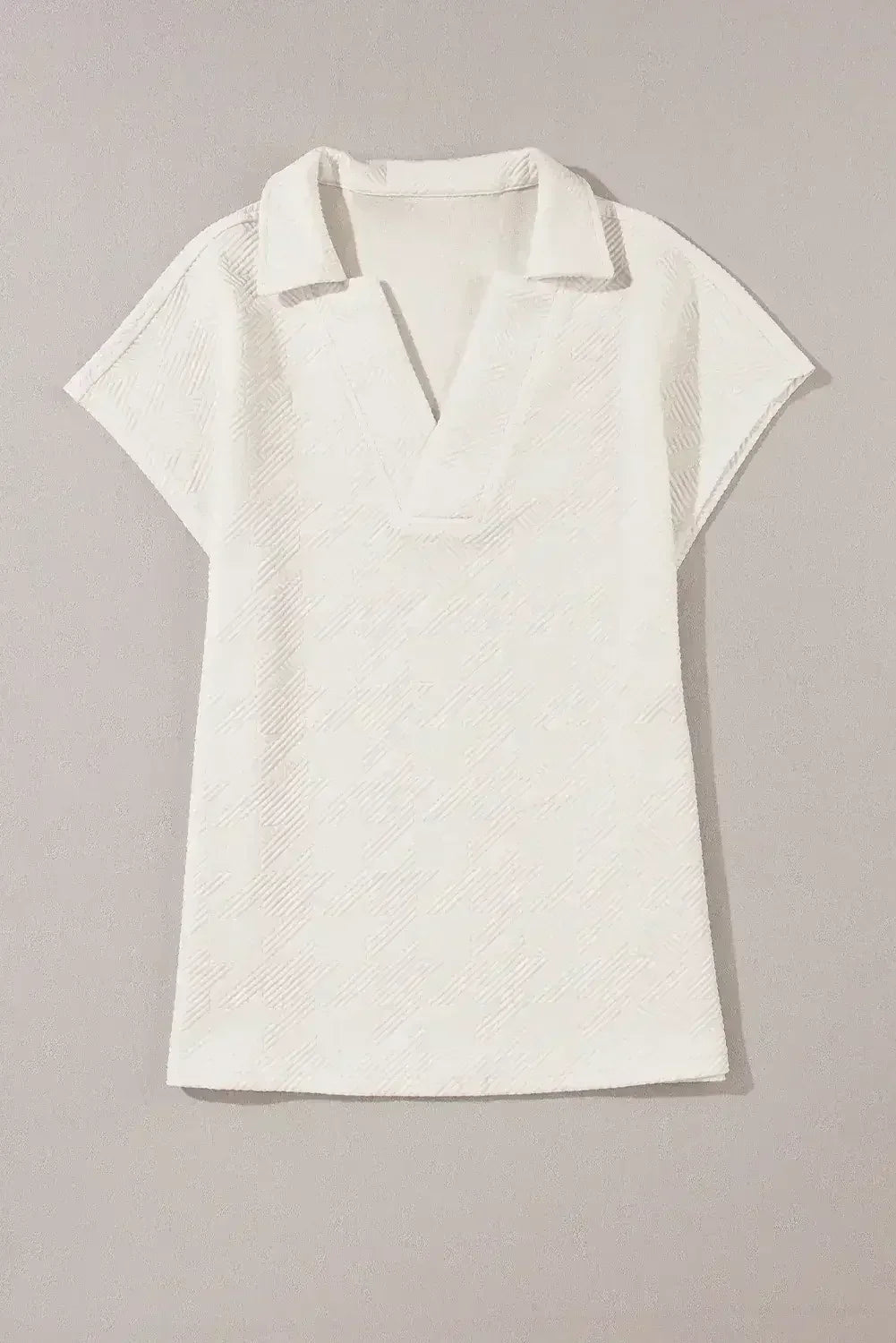 White Textured V Neck Collared Split Hem T Shirt - Femstylo