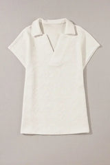 White Textured V Neck Collared Split Hem T Shirt - Femstylo