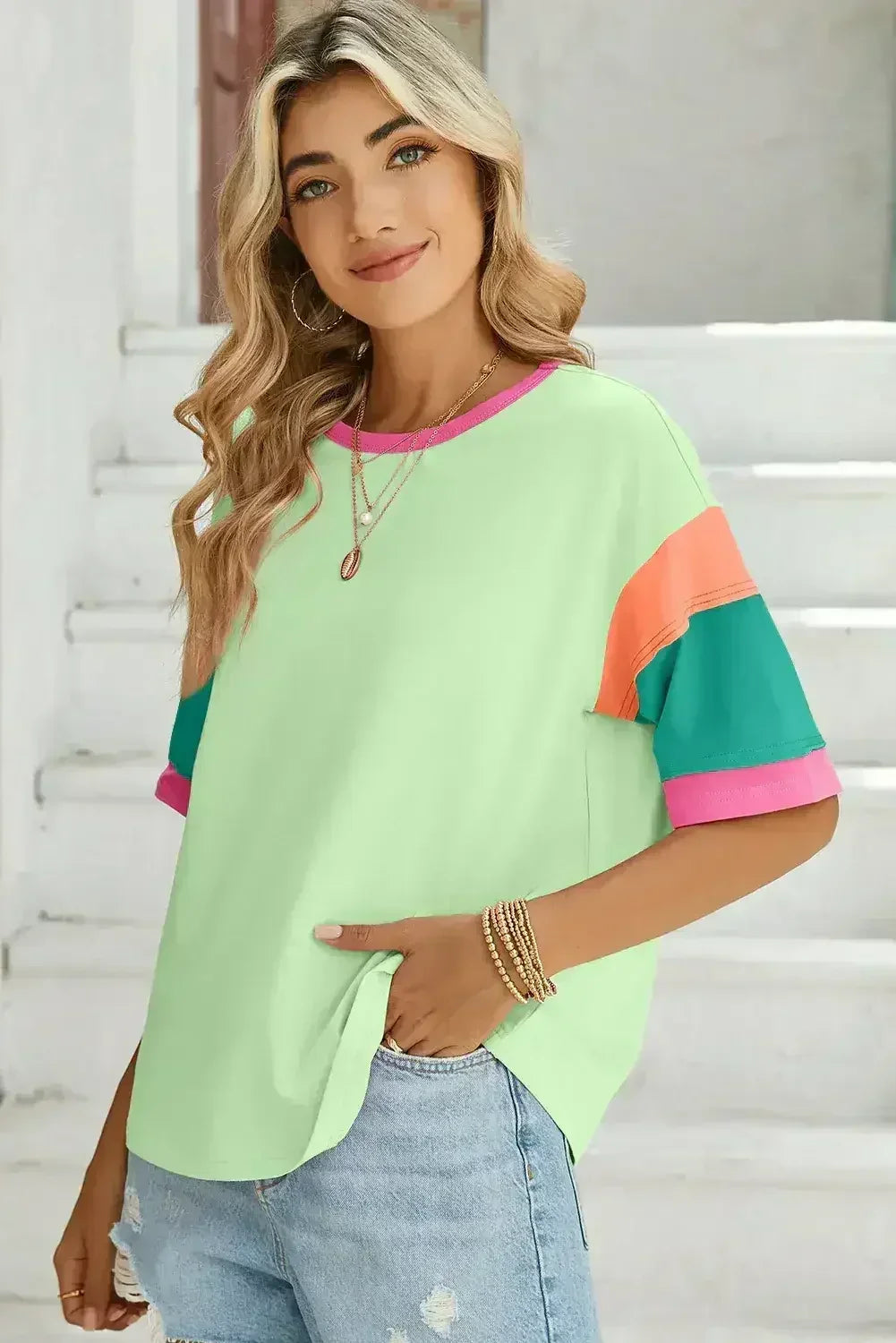 Light Blue Color Block Sleeve Round Neck Oversize Top - Femstylo
