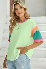 Light Blue Color Block Sleeve Round Neck Oversize Top - Femstylo