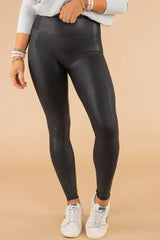 Black Piping Trim Sleek Leather High Waist Leggings - Femstylo