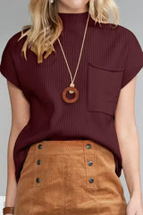 Mineral Red Patch Pocket Ribbed Knit Short Sleeve Sweater - Femstylo