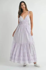 MABLE Eyelet Lace Maxi Dress With Side Strap Details - Femstylo