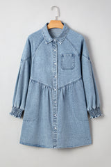 Beau Blue Smocked Cuffs Flared Denim Shirt Mini Dress